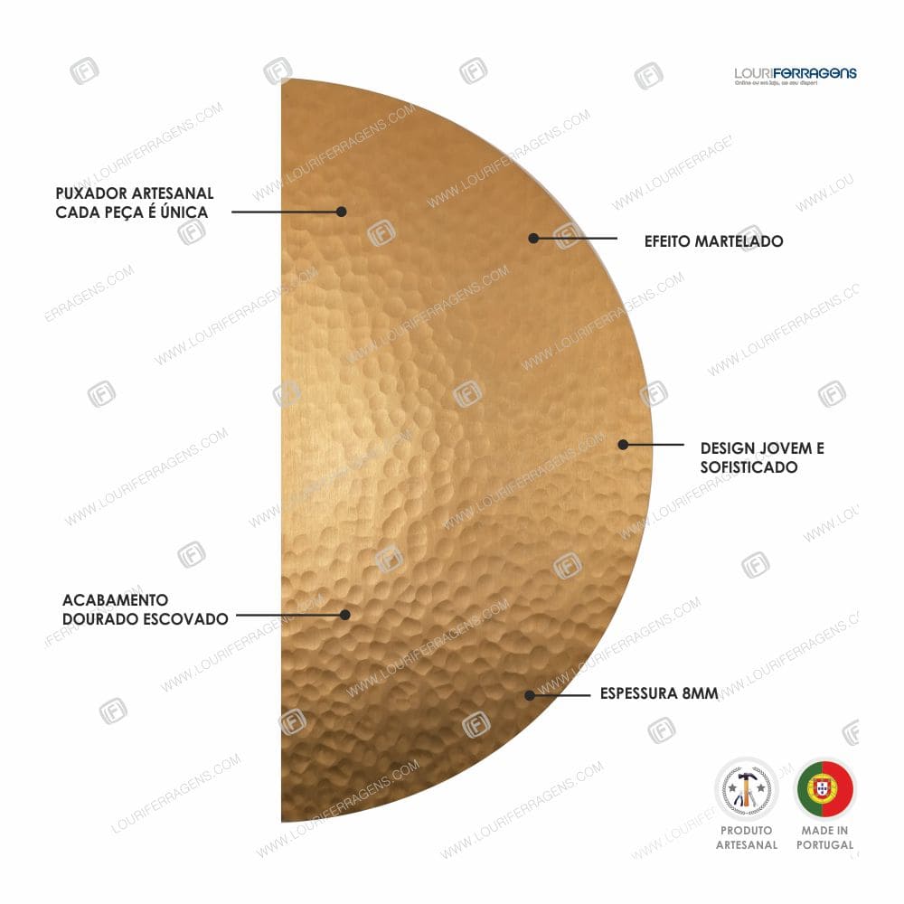Puxador/Asa Porta Semicírcular Lune 300mm Martelada Dourado Escovado