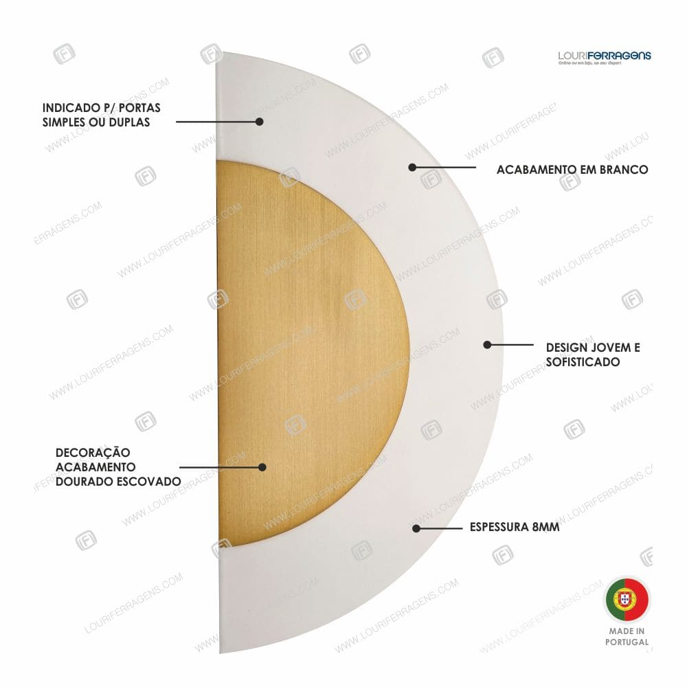 Puxador/Asa Porta Semicircular Lune Duo 390mm Branco + Dourado