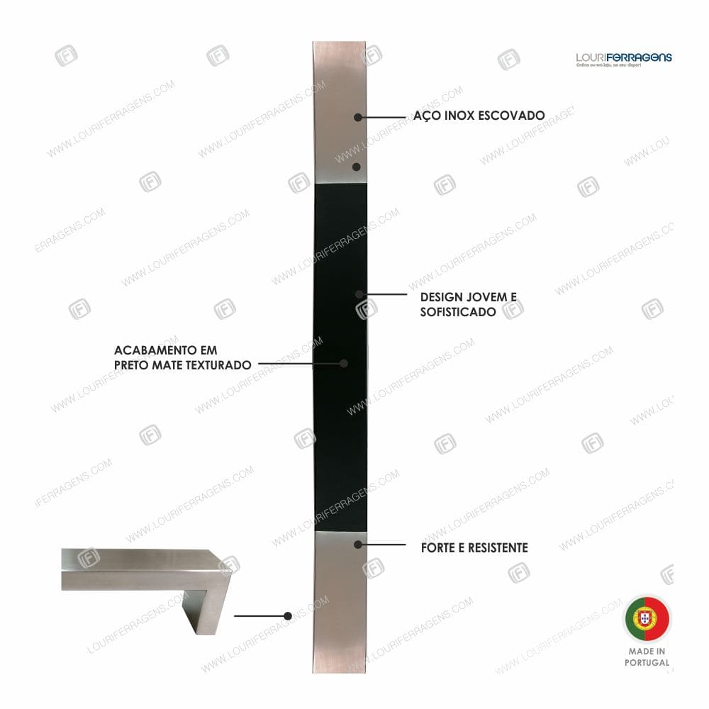 Puxador/Asa Porta Reta Duo 60x20 (1800mm) Aço Inox + Preto