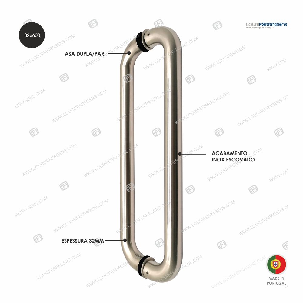 Puxador/Asa Porta Dupla PPC2213 Ø32x600mm Aço Inox