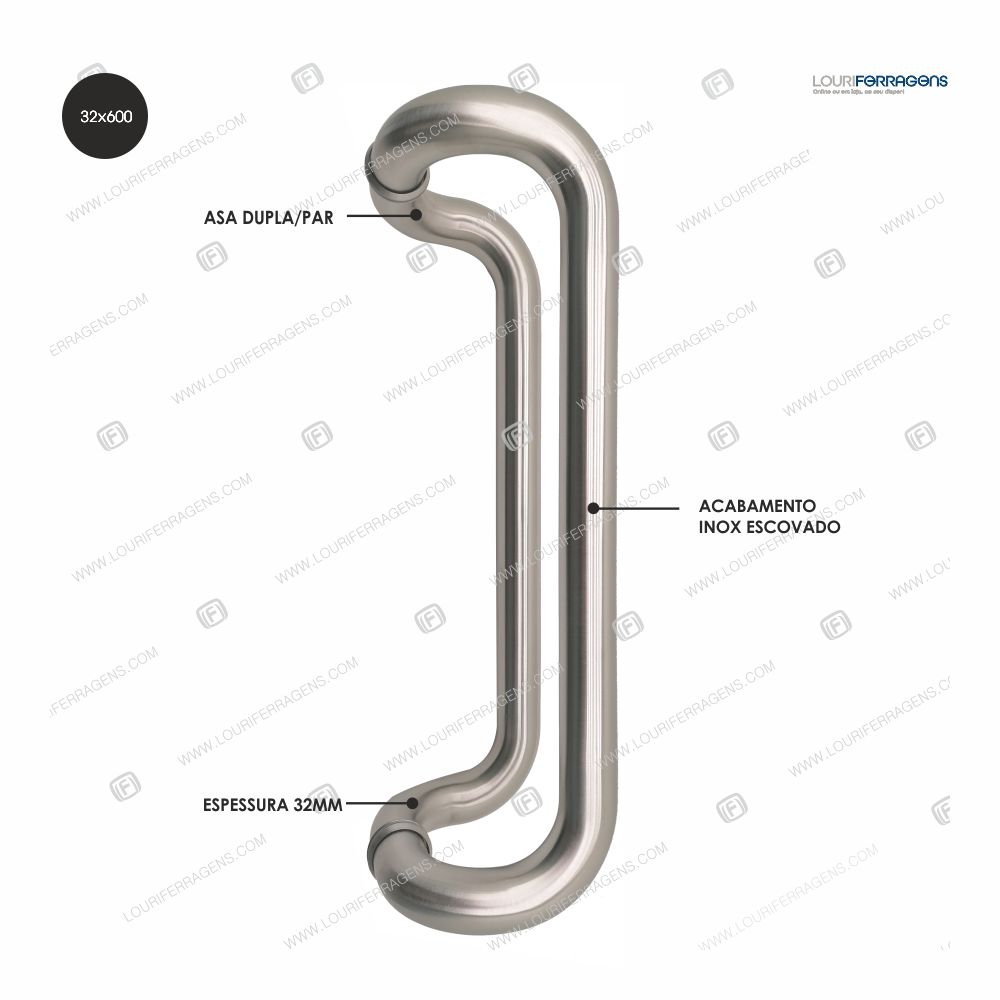 Puxador/Asa Porta Dupla PPC2215P Ø32x600mm Aço Inox
